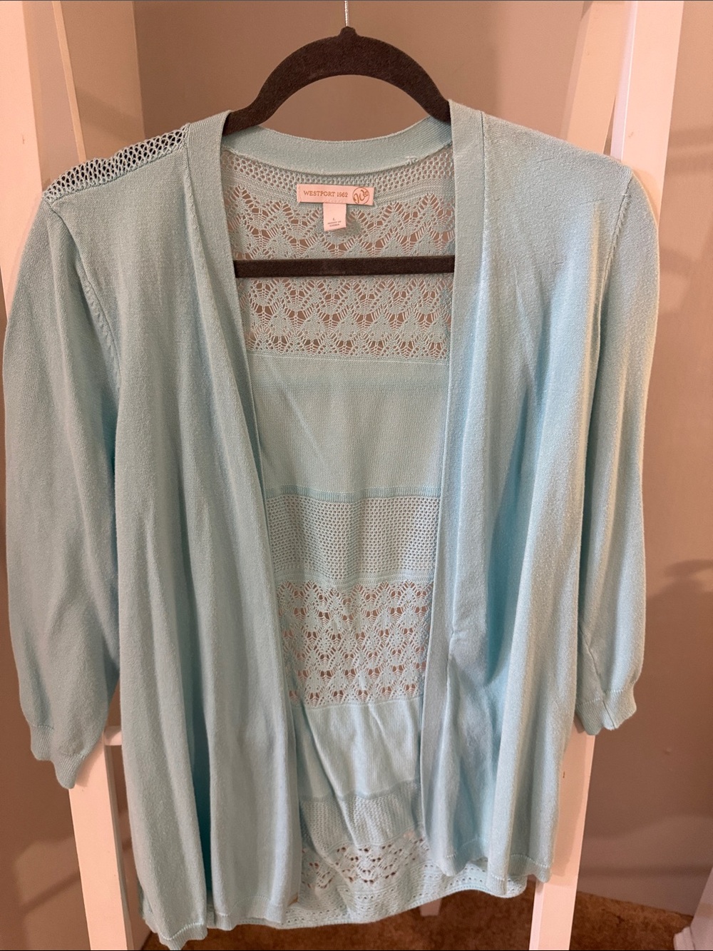Westport Pastel Blue Lightweight Open-Front Cardigan with Lace Panels